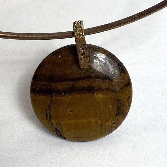 RMN Tigers Eye Wire Necklace Choker Round Pendant Aged Brass Finish Boho Hippie - Picture 3 of 7